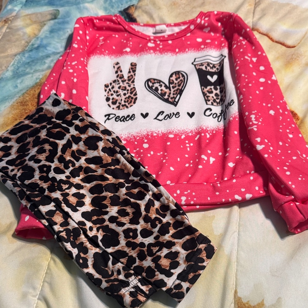 Peace Love Coffee Kids Set - Pink and Leopard